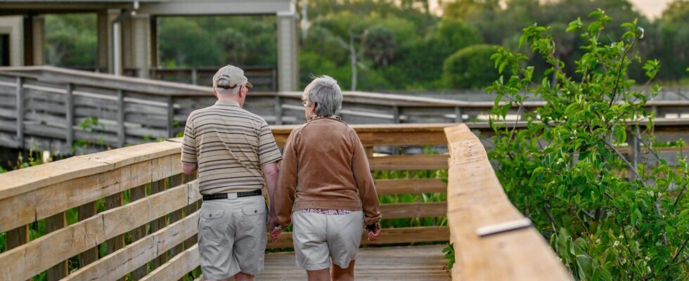 a couple of people that are walking on a bridge